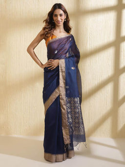 Fabindia - Navy Blue Cotton Silk Blend Chanderi Saree