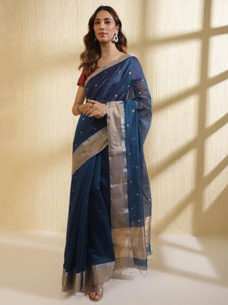 Fabindia - Blue Cotton Silk Blend Chanderi Saree