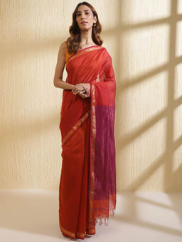 Fabindia - Red Cotton Silk Blend Maheshwari Saree