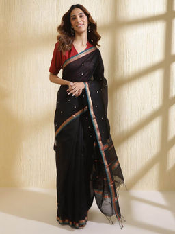 Fabindia - Black Cotton Silk Blend Chanderi Saree