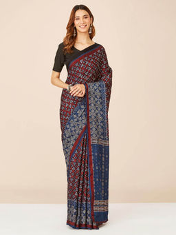 Fabindia - Indigo Viscose Ajrakh Printed Saree