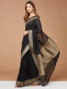 Fabindia - Black Viscose Blend Woven Saree