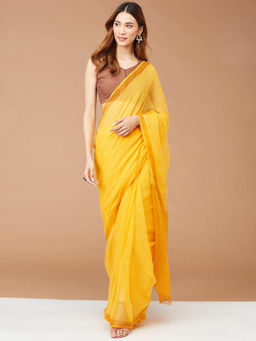 Fabindia - Yellow Cotton Silk Hand Printed Saree
