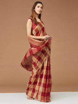 Fabindia - Maroon Cotton Silk Blend Woven Saree