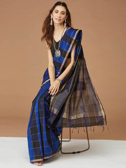 Fabindia - Navy Blue Cotton Silk Blend Woven Saree