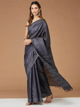 Fabindia - Grey Silk Blend Woven Saree