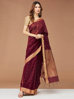 Fabindia - Maroon Cotton Silk Blend Woven Saree