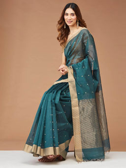 Fabindia - Teal Cotton Silk Blend Woven Saree