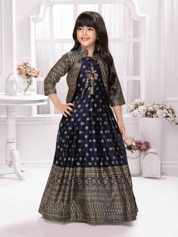 Tiny Kingdom - 3/4 Sleeves All Over Printed Fit and Flared Gown with Jacket - Blue (Set of 2)