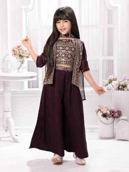 Tiny Kingdom - 3/4 Sleeves Sequin Flared Palazzo & Top with Dupatta & Jacket - Wine (Set of 4)