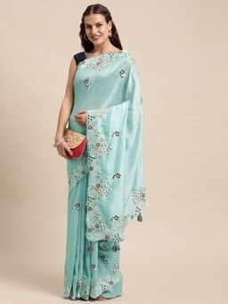 Vastranand - Blue Ethnic Motifs Aari Work Party Wear Saree with Unstitched Blouse