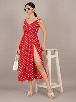 Curvydrobe - Women Crepe Red Polka Dot Dress