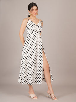 Curvydrobe - Women Crepe White Polka Dot Dress