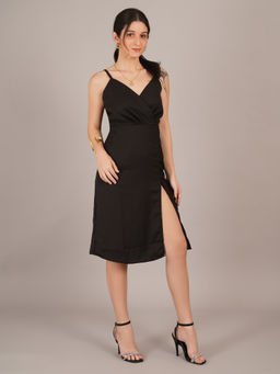 Curvydrobe - Women Crepe Black Solid A-Line Dress
