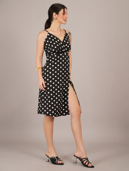 Curvydrobe - Women Crepe Black Polka Dot A-Line Dress