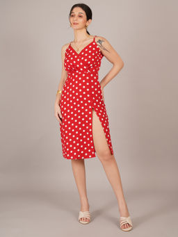 Curvydrobe - Women Crepe Red Polka Dot A-Line Dress