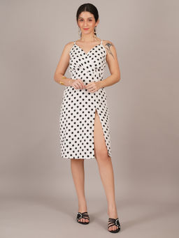 Curvydrobe - Women Crepe White Polka Dot A-Line Dress