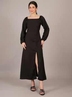 Curvydrobe - Women Black Crepe High Slit Dress