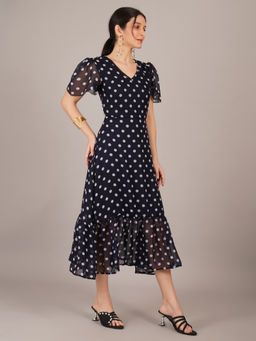 Curvydrobe - Navy Blue Crepe Geometric Printed V-Neck Dress