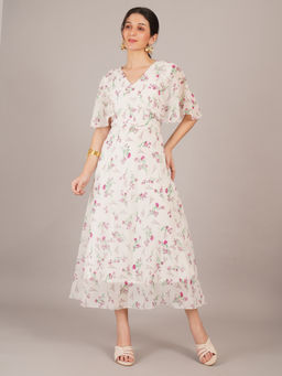 Curvydrobe - White Georgette Floral Print Dress
