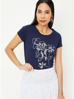max - Navy Blue Cotton Printed Round Neck T-shirt