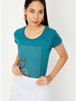 max - Teal Cotton Printed Round Neck T-shirt