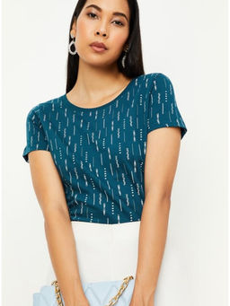 max - Teal Women Printed Round Neck Cotton T-shirt
