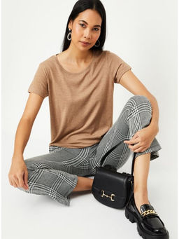 max - Light Brown Cotton Solid Round Neck T-shirt