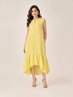 Exude - Yellow Solid Sleeveless Ruffle A-Line Dress
