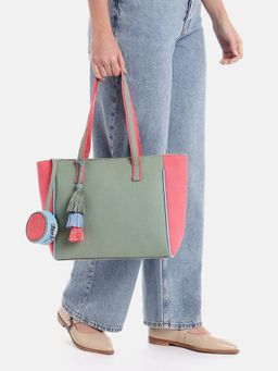 Anekaant - Hue Sage Multi-Color Cotton Canvas Colorblock Tote Bag With Pouch