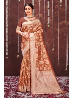 Sangam Prints - Brown Organza Woven Zari Work Traditional Tassel Saree with Unstitched Blouse