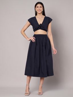 AMAGYAA - Women Navy Blue Cotton Solid Top with Skirt (Set of 2)