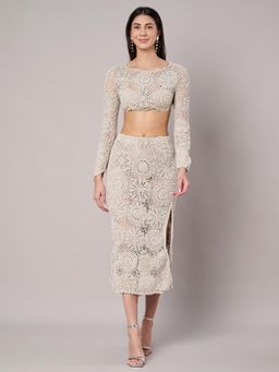 AMAGYAA - Women Silver Cotton Floral Top with Skirt (Set of 2)