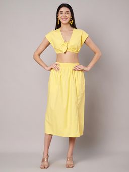 AMAGYAA - Women Yellow Cotton Solid Top with Skirt (Set of 2)
