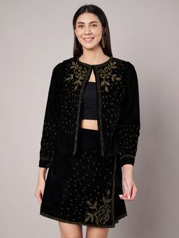 AMAGYAA - Women Black Velvet Embellished Top with Skirt (Set of 2)
