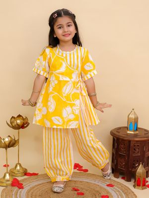 AJ Dezines Yellow Cotton Half Sleeves Floral Print Girls Kurti and Salwar