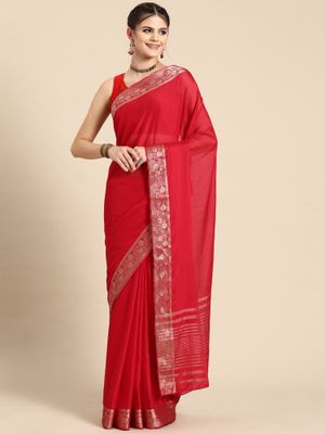 Women Pink Pure Viscose Chinon Zari Woven Saree With Unstitched Blouse
