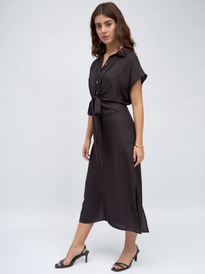 Black Shirt Collar Belted Drop-Waist Midi Dress