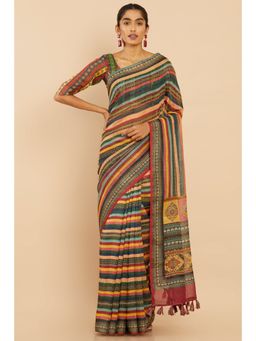 Soch - Women Multi-Color Linen Stripes Saree with Unstitched Blouse