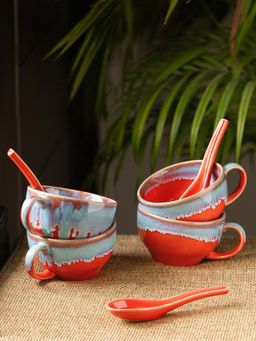 ExclusiveLane - Ceramic Handled Soup Bowls With Spoons (Set Of 4, 250 Ml, Microwave Safe)
