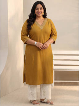 Extra love by Libas - Women Mustard Embroidered Rayon Kurta