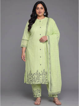 Extra love by Libas - Women Green Embroidered Cotton Kurta and Pant with Dupatta