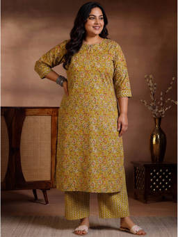 Extra love by Libas - Women Mustard Printed Cotton Kurta with Palazzo