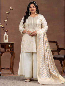 Extra love by Libas - Women Off White Woven Silk Blend Kurta and Palazzo with Dupatta