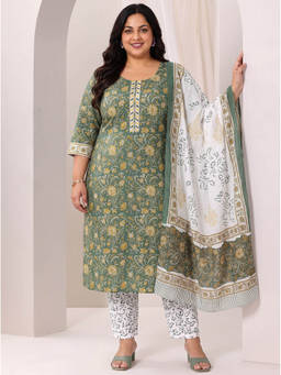 Extra love by Libas - Women Green Printed Cotton Kurta and Salwar with Dupatta