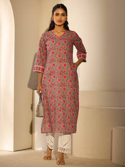 Libas - Women Green Floral Cotton Kurta