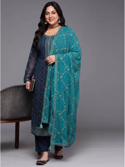 Extra love by Libas - Women Navy Blue Embroidered Georgette Kurta and Pant with Dupatta