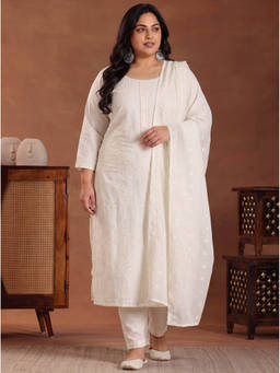 Extra love by Libas - Women Off White Embroidered Cotton Kurta and Pant with Dupatta