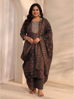 Extra love by Libas - Women Black Printed Cotton Blend Kurta and Pant with Dupatta