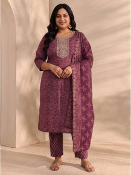 Extra love by Libas - Women Burgundy Printed Cotton Blend Kurta and Pant with Dupatta